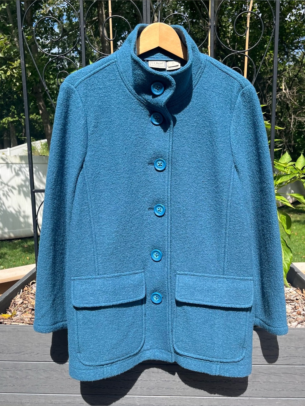 L.L. Bean Women's Blue Boiled Wool Button Front Jacket Size L Petite Autumn Fall